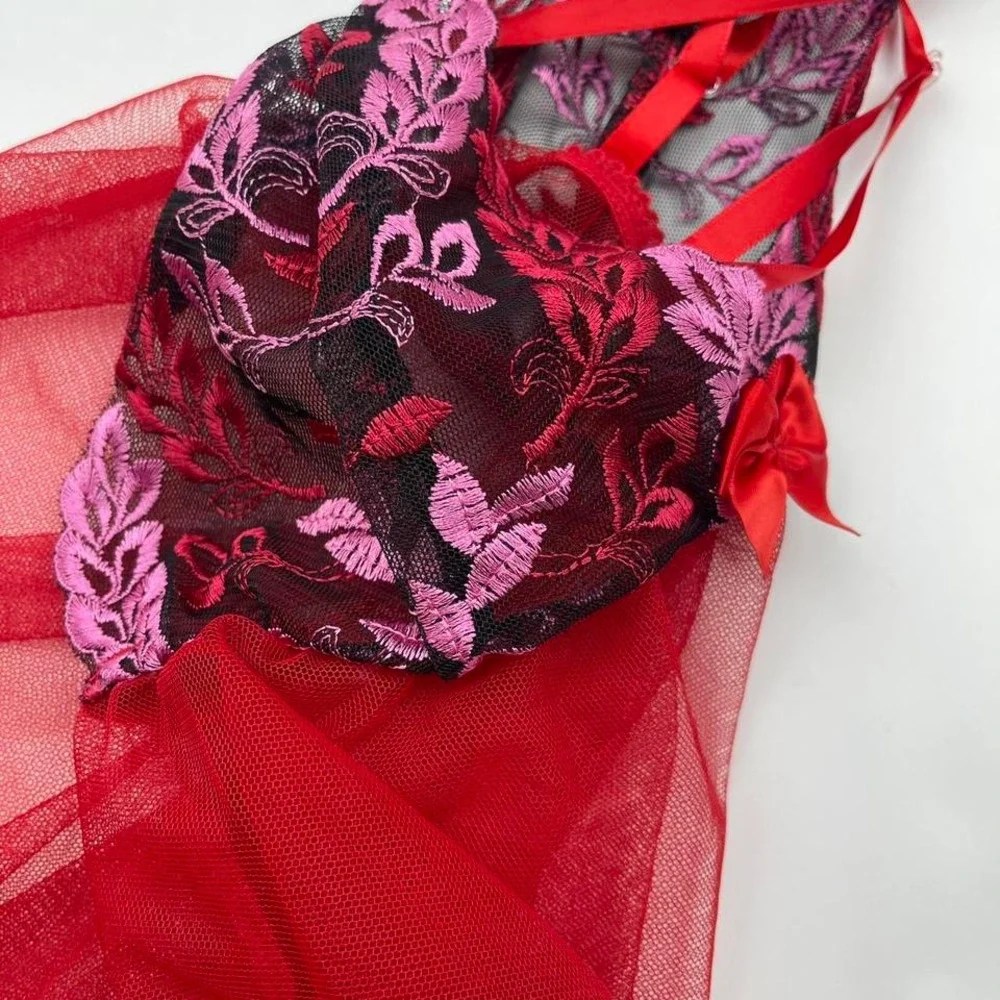 Y2K Sheer‎ Babydoll Lingerie Top in Red Floral Bows Mesh Women's Small Valentine